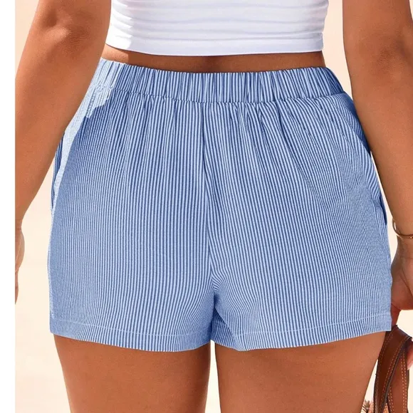 Striped Button Detail Stretchy Waist Pockets Casual Boxer Shorts