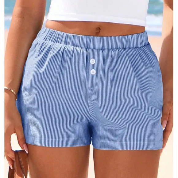 Striped Button Detail Stretchy Waist Pockets Casual Boxer Shorts