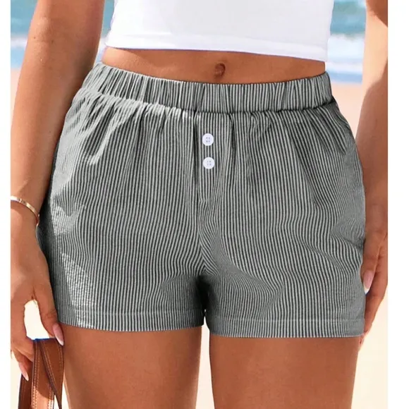 Striped Button Detail Stretchy Waist Pockets Casual Boxer Shorts