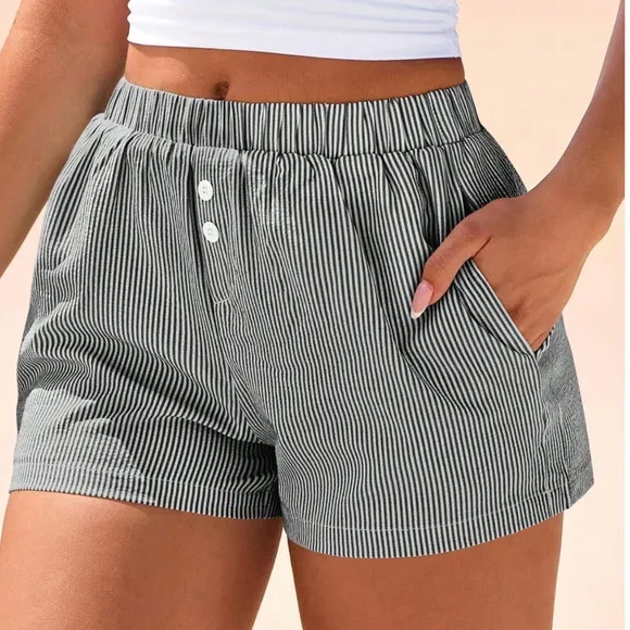 Striped Button Detail Stretchy Waist Pockets Casual Boxer Shorts
