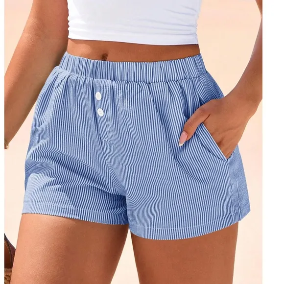 Striped Button Detail Stretchy Waist Pockets Casual Boxer Shorts