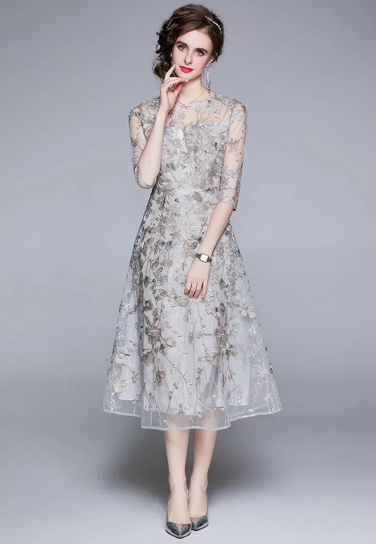 Summer temperament elegant dress mesh embroidery party dress