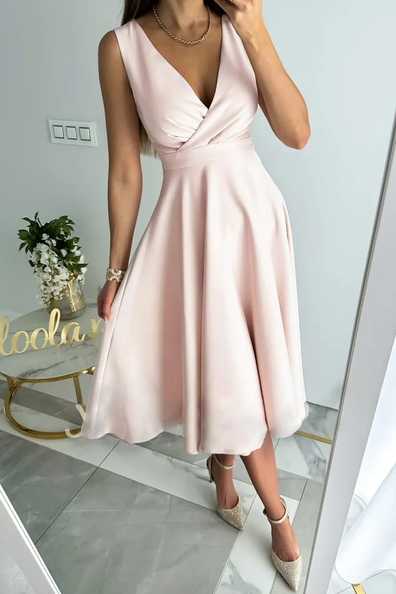 Sweet Elegant Solid Fold V Neck Sleeveless Dress Dresses