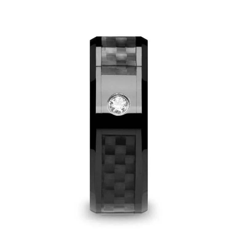 Thorsten ANGUS Black Ceramic Wedding Band with Black Carbon Fiber Inlay and White Diamond - 8mm