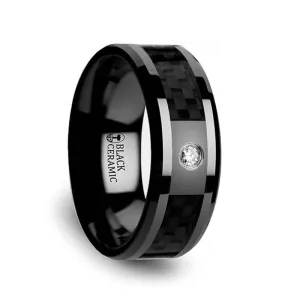 Thorsten ANGUS Black Ceramic Wedding Band with Black Carbon Fiber Inlay and White Diamond - 8mm