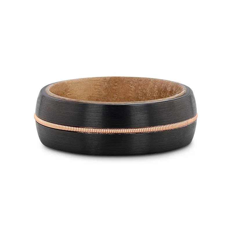 Thorsten CHORDAL Black Tungsten Ring with Brass Guitar String and Whiskey Barrel Inner Sleeve - 8mm
