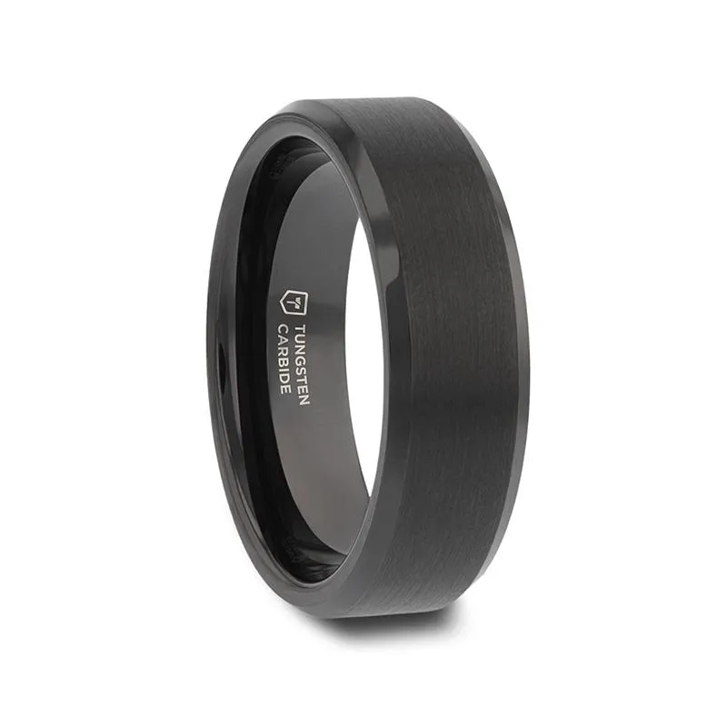 Thorsten ELISE Black Tungsten Ring Polished Beveled Edges and Brush Finished Center - 4mm - 10mm