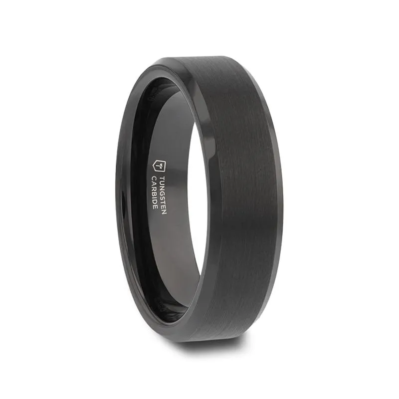 Thorsten ELISE Black Tungsten Ring Polished Beveled Edges and Brush Finished Center - 4mm - 10mm