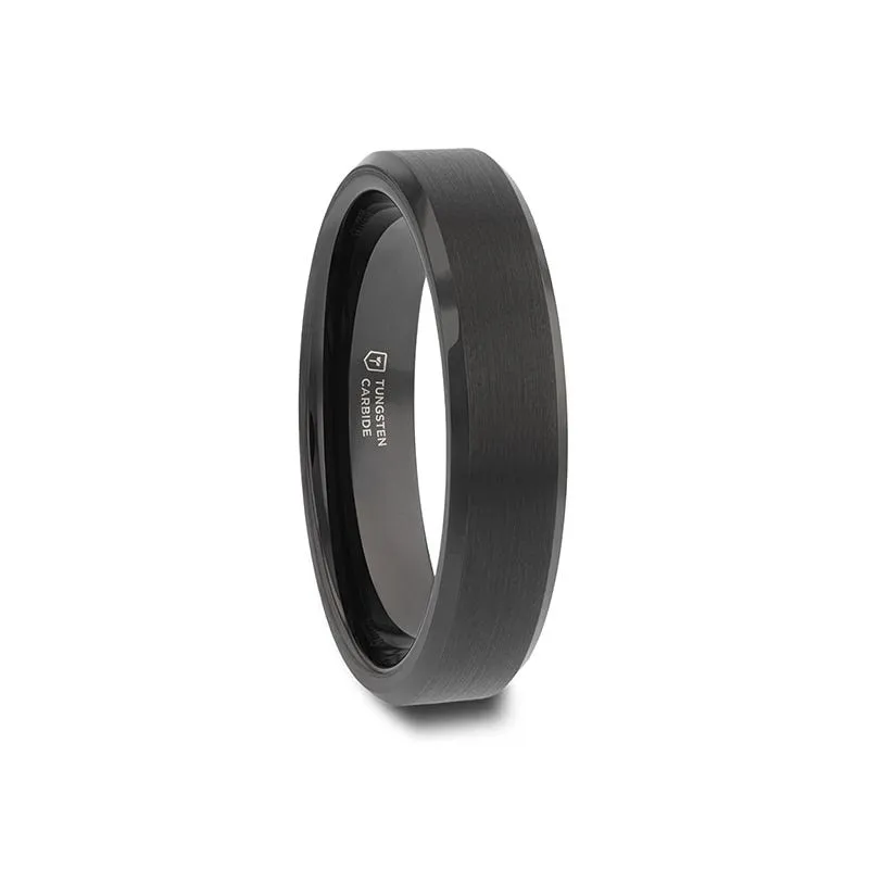 Thorsten ELISE Black Tungsten Ring Polished Beveled Edges and Brush Finished Center - 4mm - 10mm