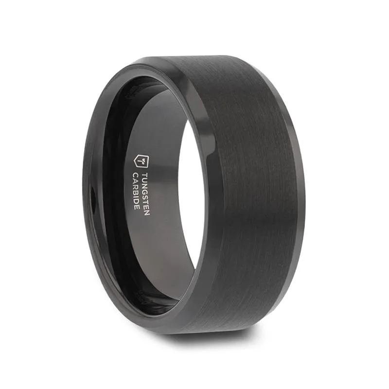 Thorsten ELISE Black Tungsten Ring Polished Beveled Edges and Brush Finished Center - 4mm - 10mm