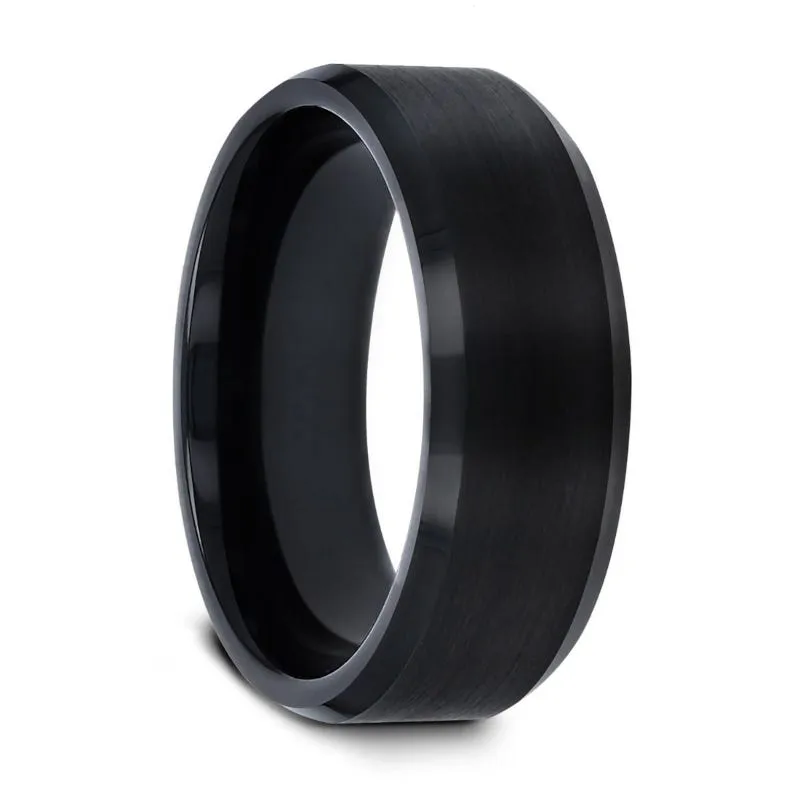 Thorsten ELISE Black Tungsten Ring Polished Beveled Edges and Brush Finished Center - 4mm - 10mm