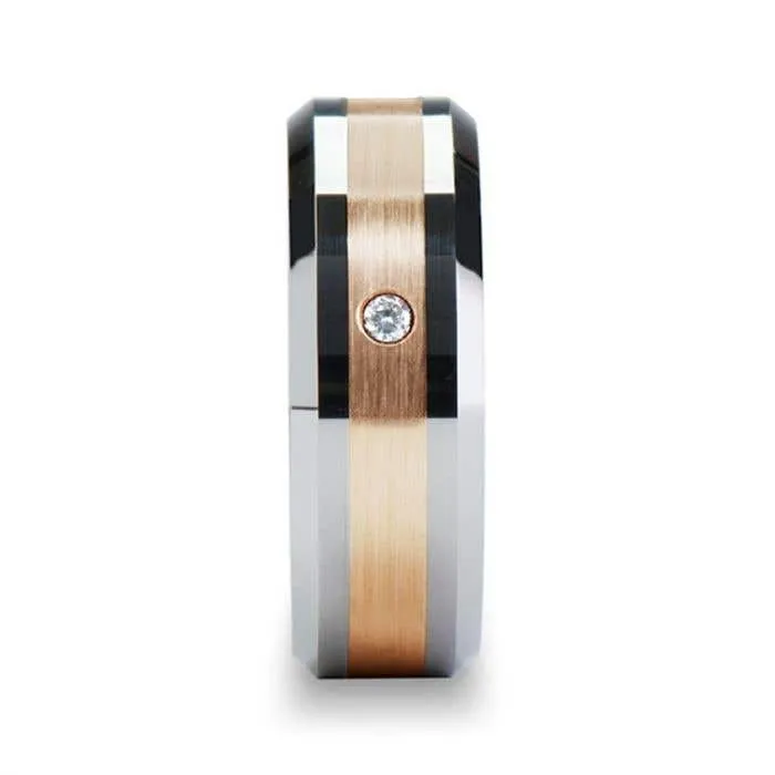 Thorsten ENZO Rose Gold Inlay Beveled Tungsten Ring with Diamond - 8mm