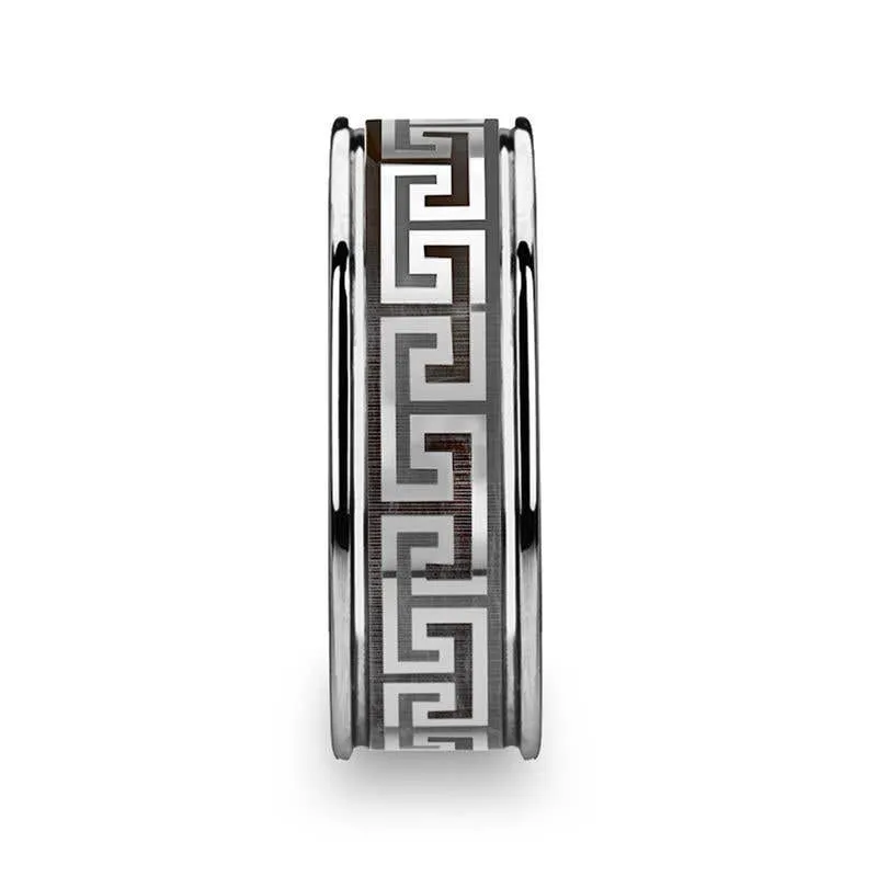 Thorsten THASOS Grooved Tungsten Carbide Wedding Band with Greek Key Meander Design - 8mm