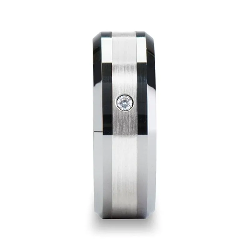 VITUS Silver Inlaid Center Beveled Tungsten Carbide Ring With Diamond - 8mm