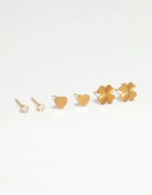 Waterproof Gold Plated Stainless Steel Diamante Clover & Heart Earring Stack Pack