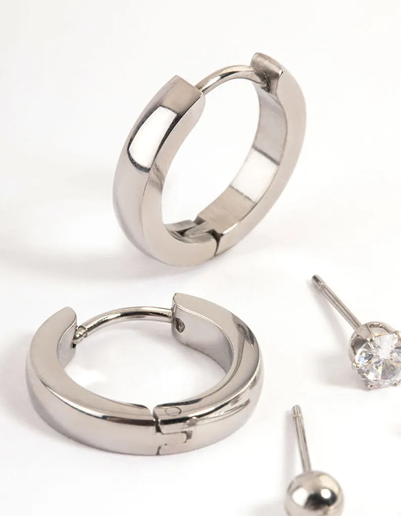 Waterproof Stainless Steel Cubic Zirconia Stud & Huggie Earrings Pack