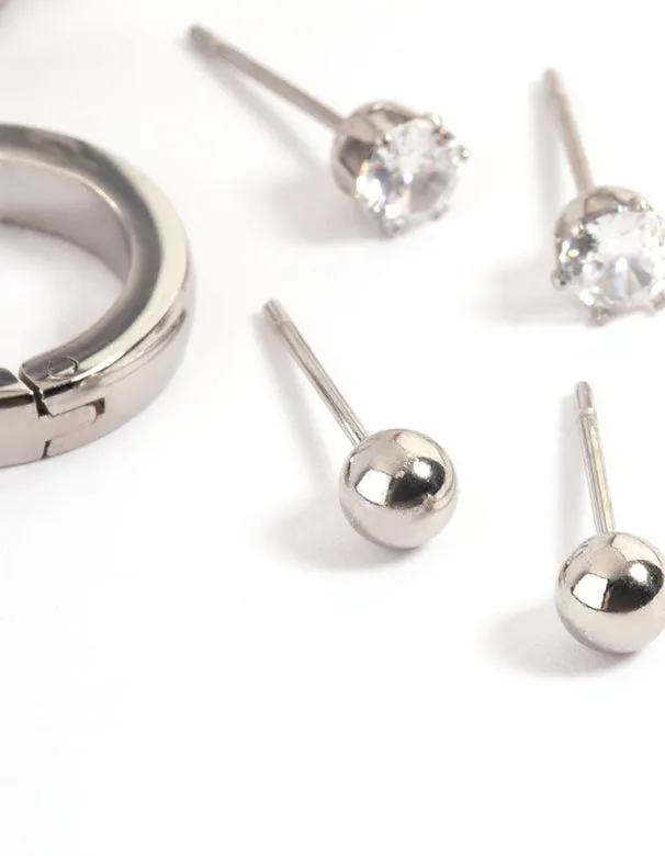 Waterproof Stainless Steel Cubic Zirconia Stud & Huggie Earrings Pack